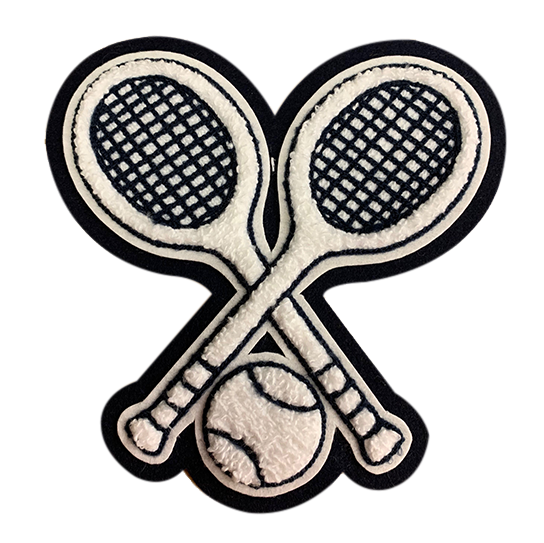 Tennis patch featuring two tennis rackets and a tennis ball for letterman jacket